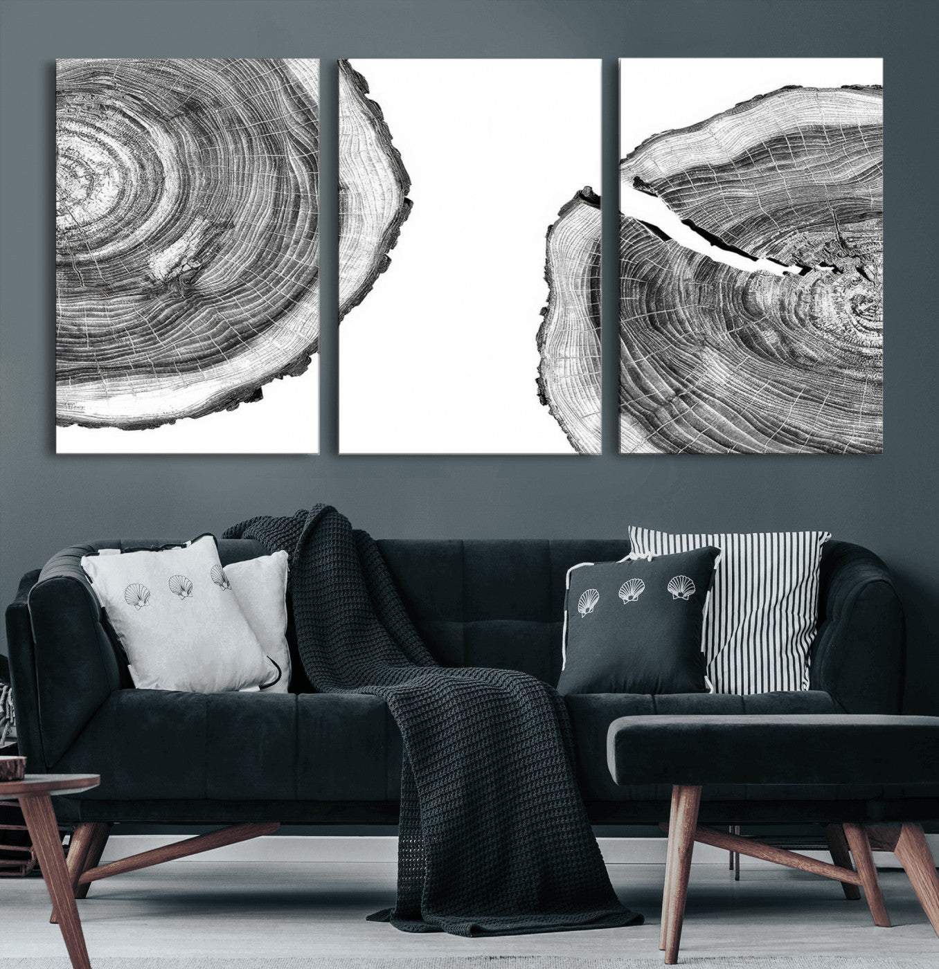 52770-MGV-CV-60X30-3P-Abstract Large Tree Rings – Minimalist Black and White Wood Art | Triptych Canvas, Modern Wall Decor