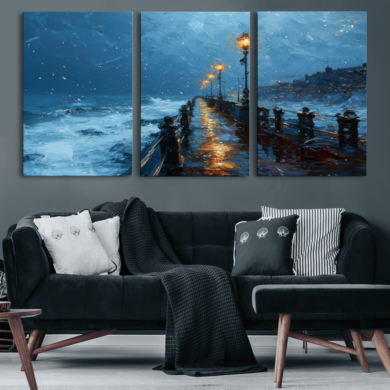 47244-MGV-CV-60X30-3P-Stormy Night at Beach Pier Oil Painting Large Wall Art Print, Framed Canvas Nature Wall Decor,