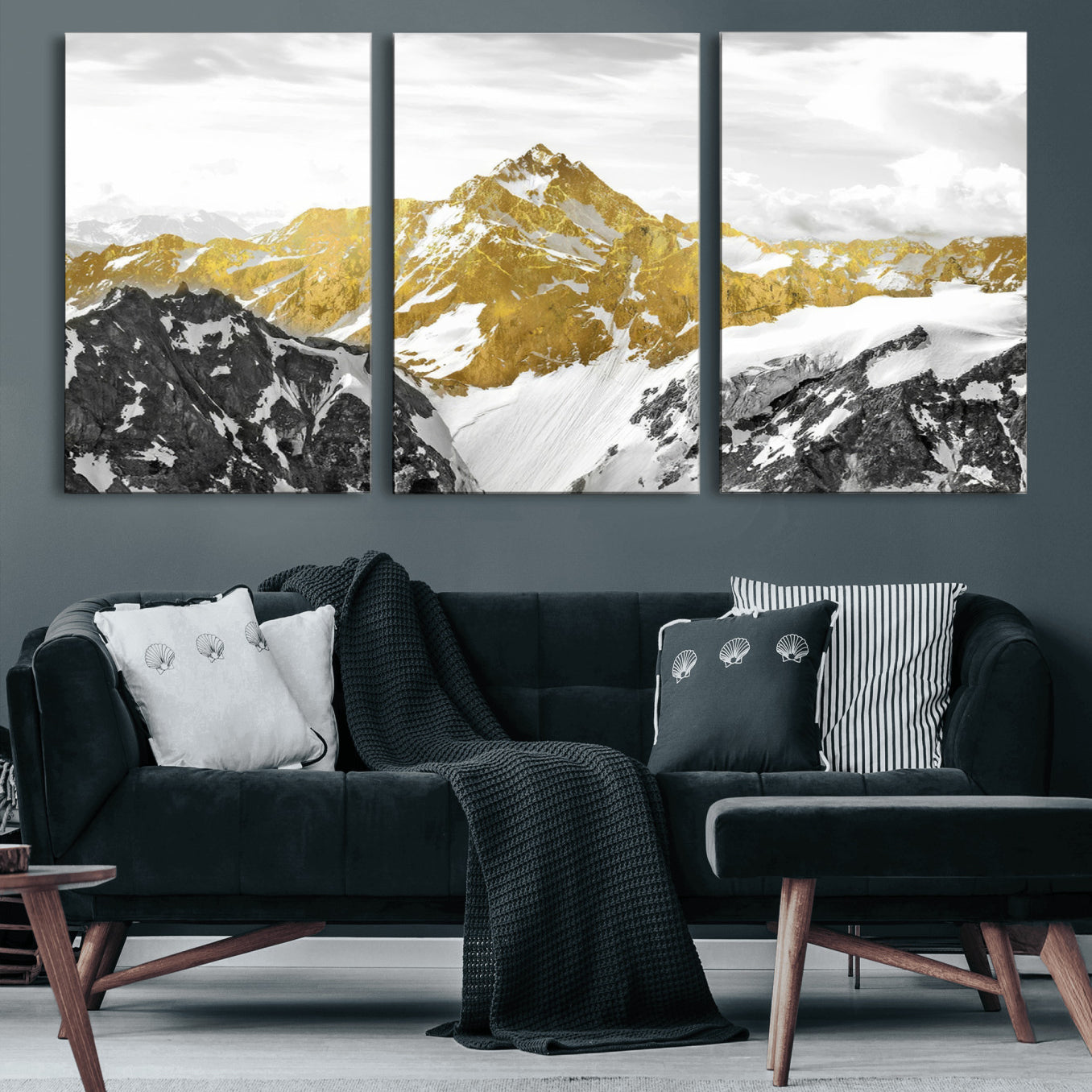 32102-MGV-CV-60X30-3P-Gold Abstract Mountains Wall Art Print on Canvas, Nature Wall Art Print,