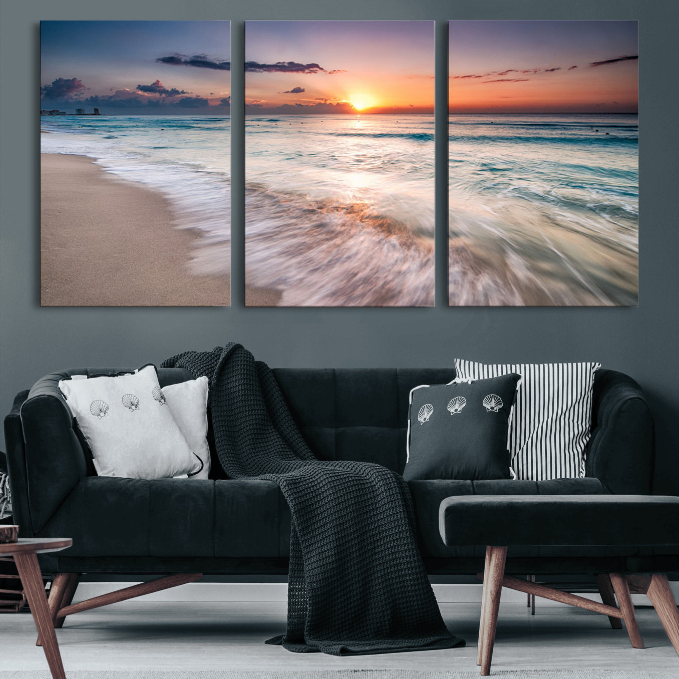 11379-MGV-CV-60X30-3P-Sunset Beach Wall Art – Soothing Coastal Landscape, Ready to Hang for Tranquil Home Decor