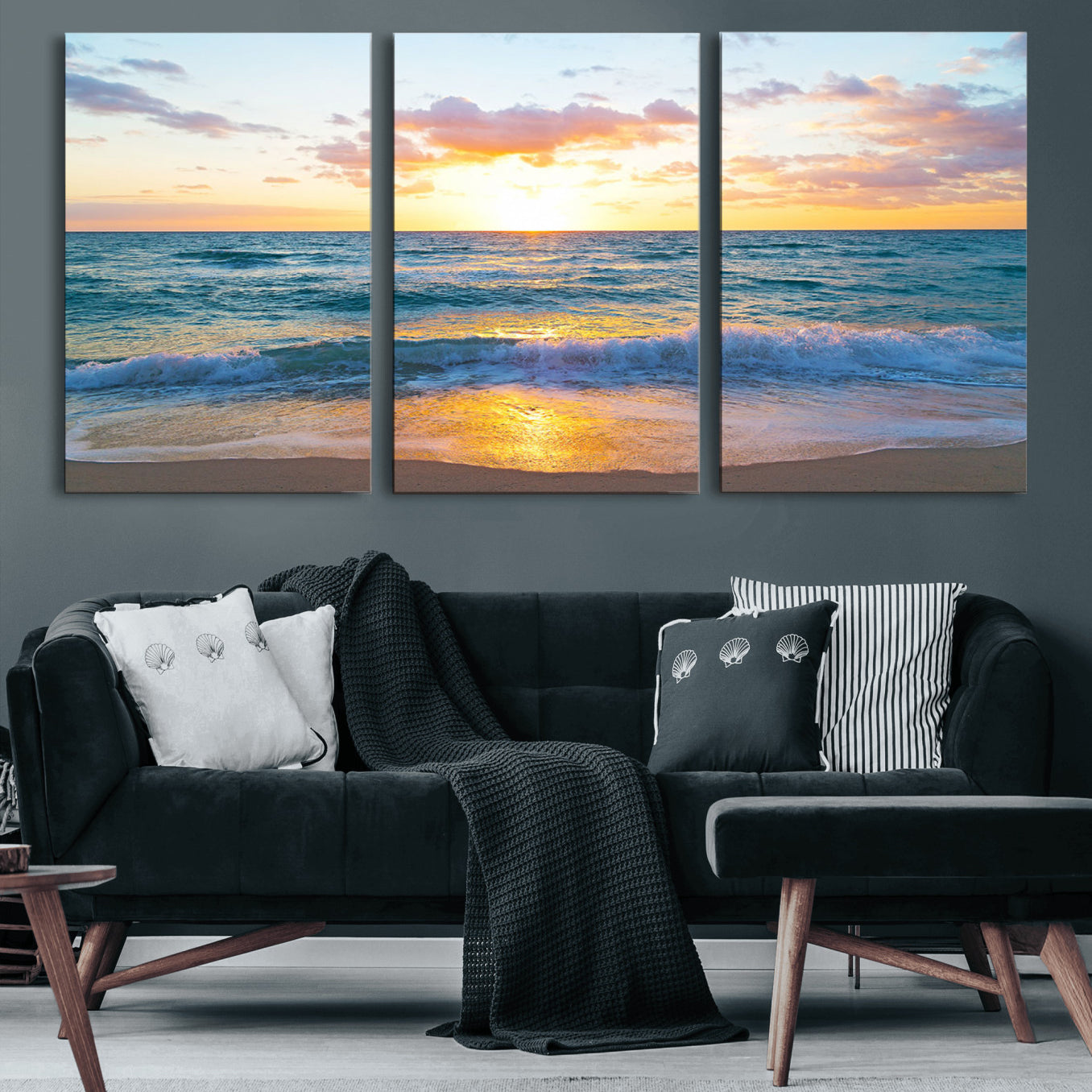 63383-MGV-CV-60X30-3P-Golden Sunset Over Ocean Waves - Serene Coastal Triptych Wall Art for Relaxing Home Decor, Ready to