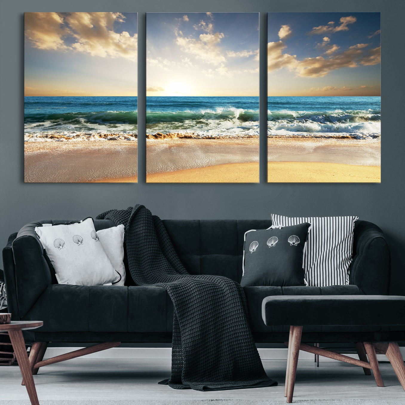 83376-MGV-CV-60X30-3P-Golden Sunset Beach Triptych Canvas Wall Art for Living Room – 3-Panel Ocean View, Framed & Ready to