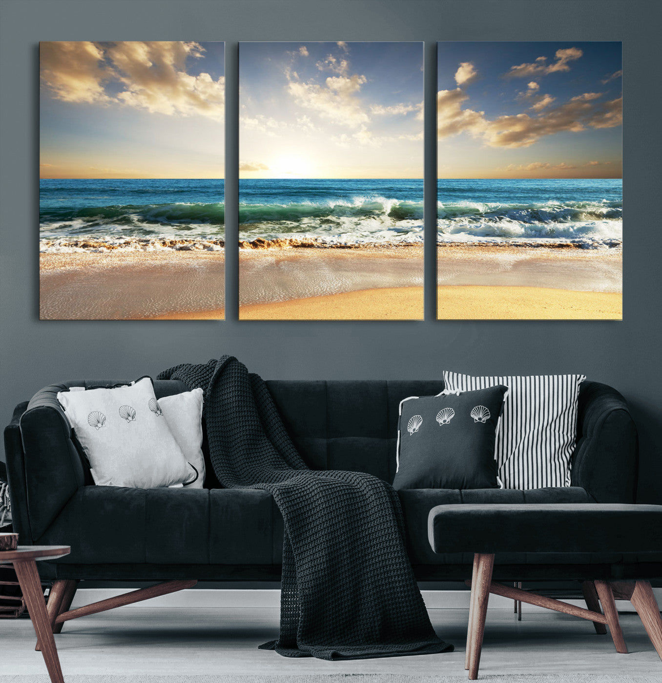 83376-MGV-CV-60X30-3P-Golden Sunset Beach Triptych Canvas Wall Art for Living Room – 3-Panel Ocean View, Framed & Ready to