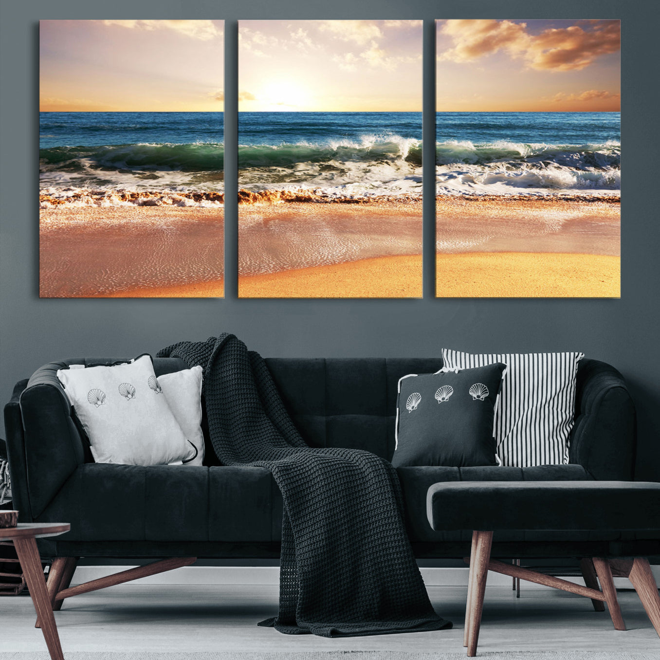 42011-MGV-CV-36X24-Sunset Beach Wall Art - 3-Panel Framed Canvas Print, Ready to Hang Ocean Sunset for Coastal and