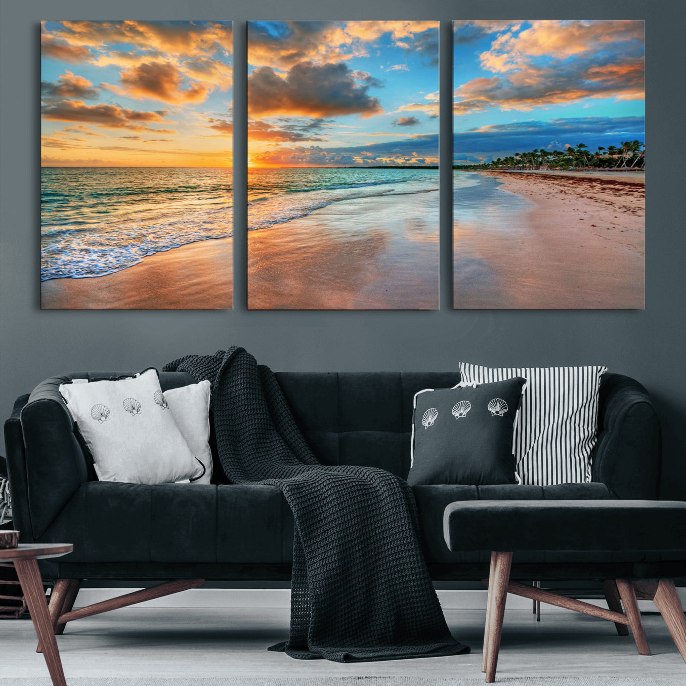 59240-MGV-CV-60X30-3P-Serene Beach Sunset Wall Art | Coastal Ocean Canvas Print | Ready to Hang Tropical Decor for Home or
