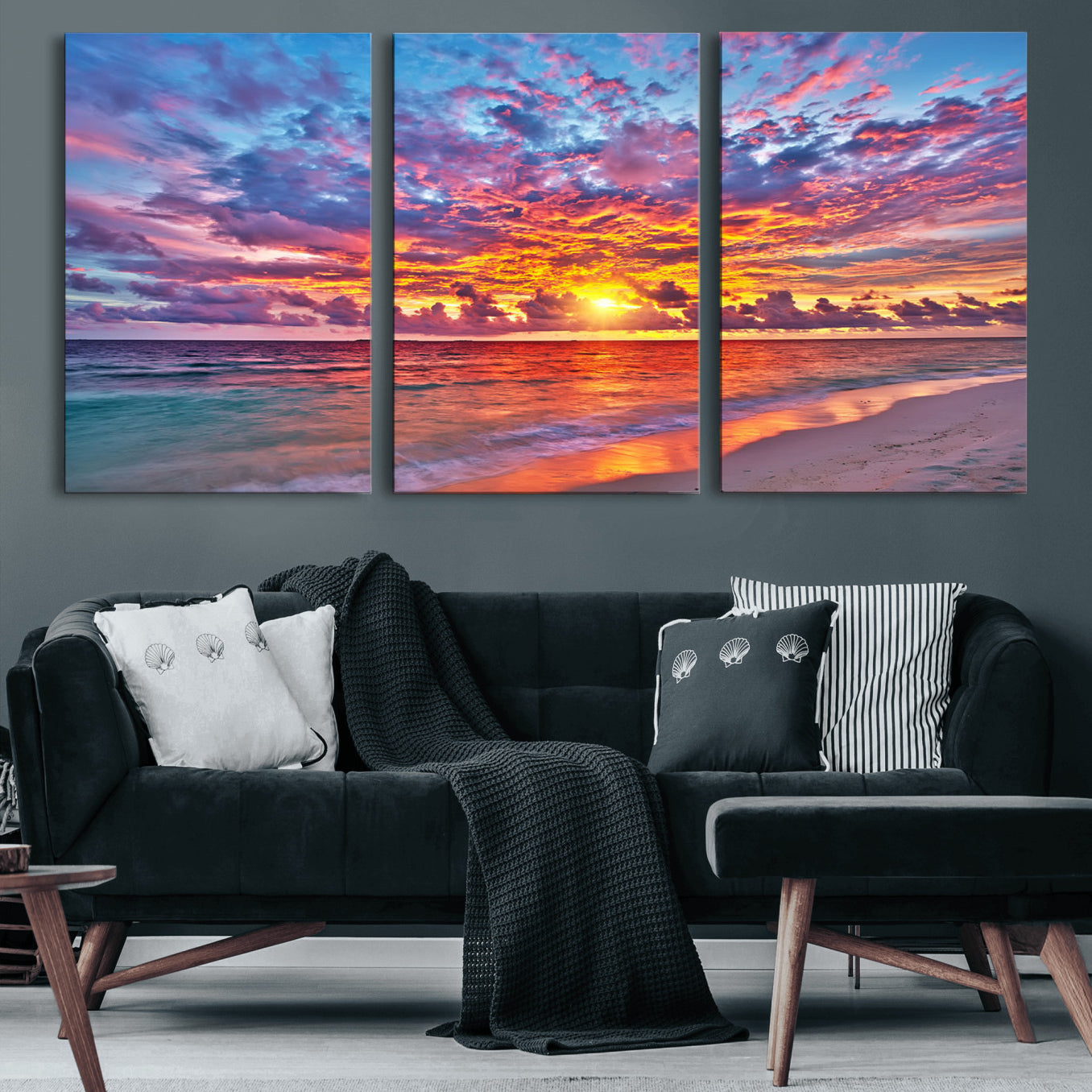 12616-MGV-CV-60X30-3P-Vibrant Sunset Beach Wall Art - Ocean Sunset Canvas Print | Coastal Wall Art Decor Stunning Sunset