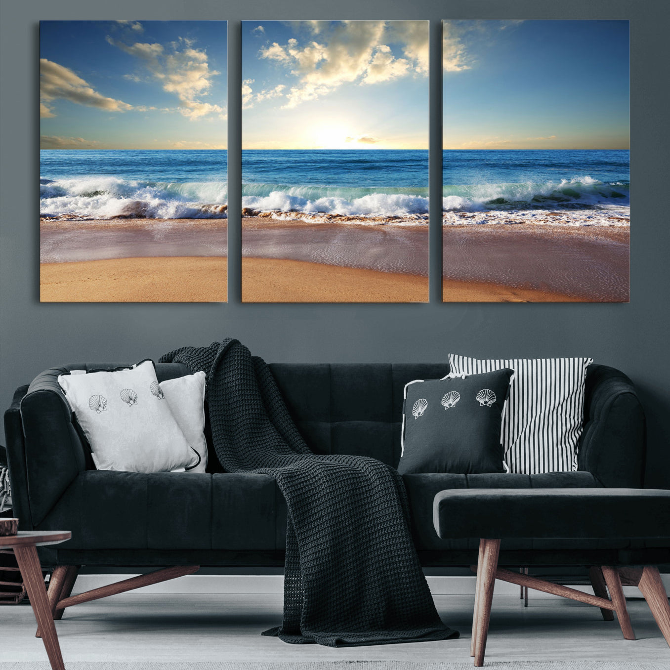 36512-MGV-CV-60X30-3P-Serene Ocean Sunset Canvas Wall Art - Beach Waves at Sunset, Ready to Hang