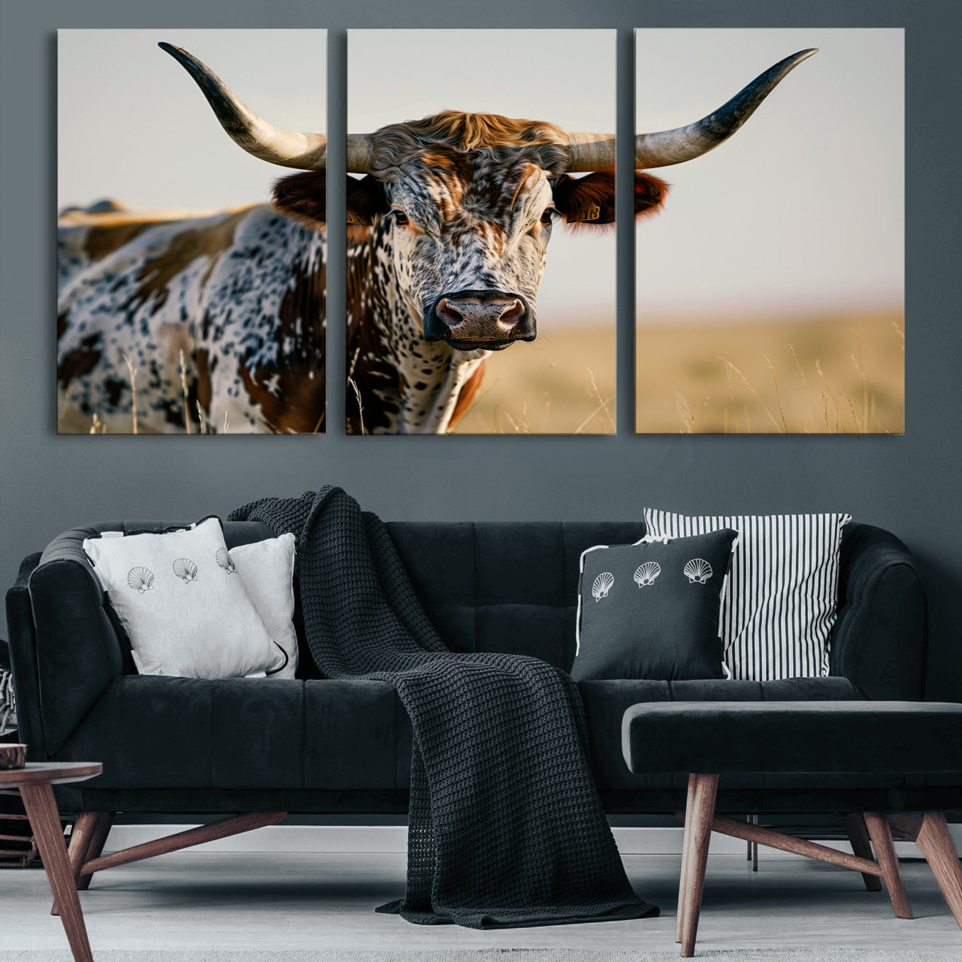 80329-MGV-CV-60X30-3P-Texas Bull Longhorn Wall Art Canvas Print for Farm House Wall Decor, Farmhouse Wall Art Print