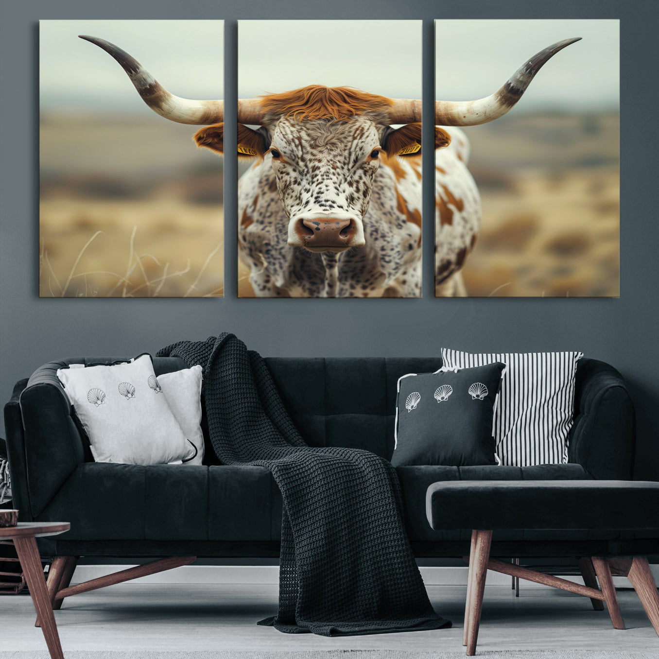 91312-MGV-CV-60X30-3P-Texas Cow Longhorn Wall Art Canvas Print for Farm House Wall Decor, Farmhouse Wall Art Print