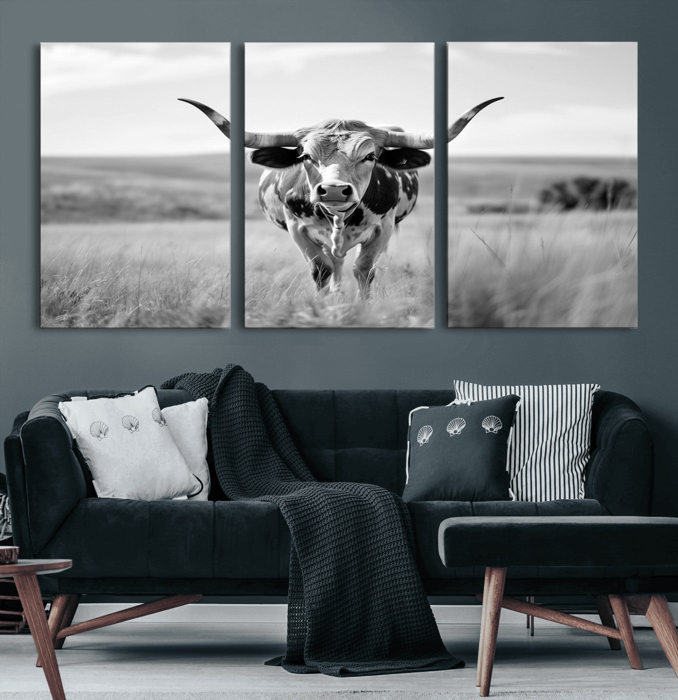 24487-MGV-CV-60X30-3P-Texas Cow Longhorn Wall Art Canvas Print for Farm House Wall Decor, Farmhouse Wall Art Print
