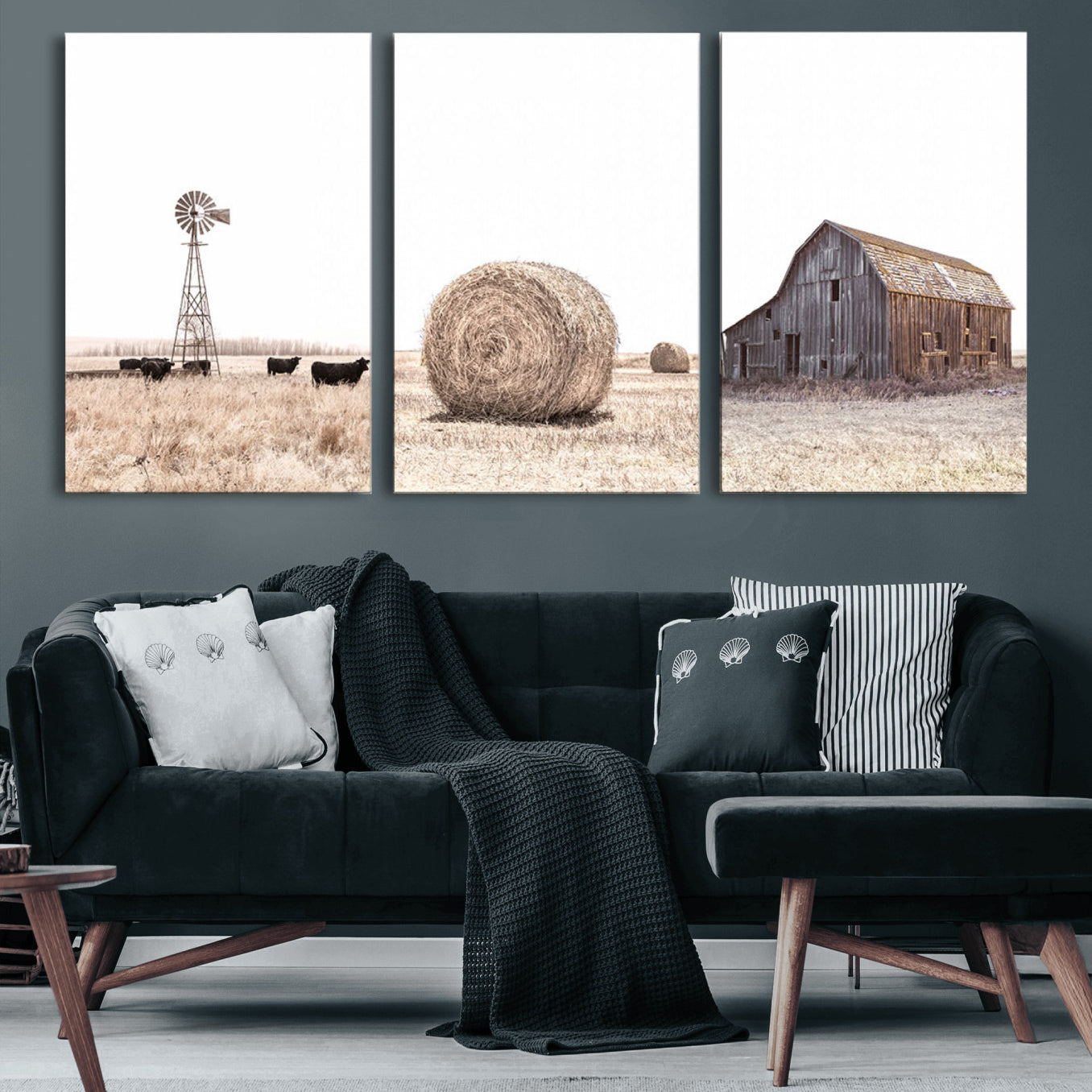 30918-MGV-CV-60X30-3P - Rustic Farmhouse Wall Art Set of 3 – Country Barn and Wheat Field | Farm Prints for Country Home and