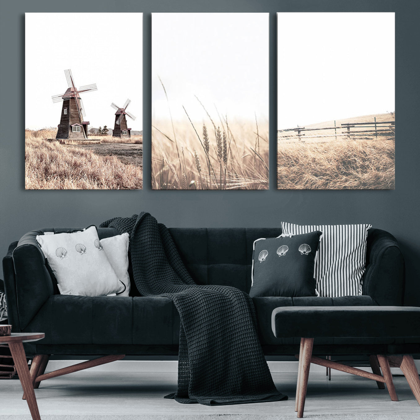 56649-MGV-CV-60X30-3P-Farm Prints Set, Set of 3 Farmhouse Wall Art, Country House Decor, Barn Print, Wheat Print,