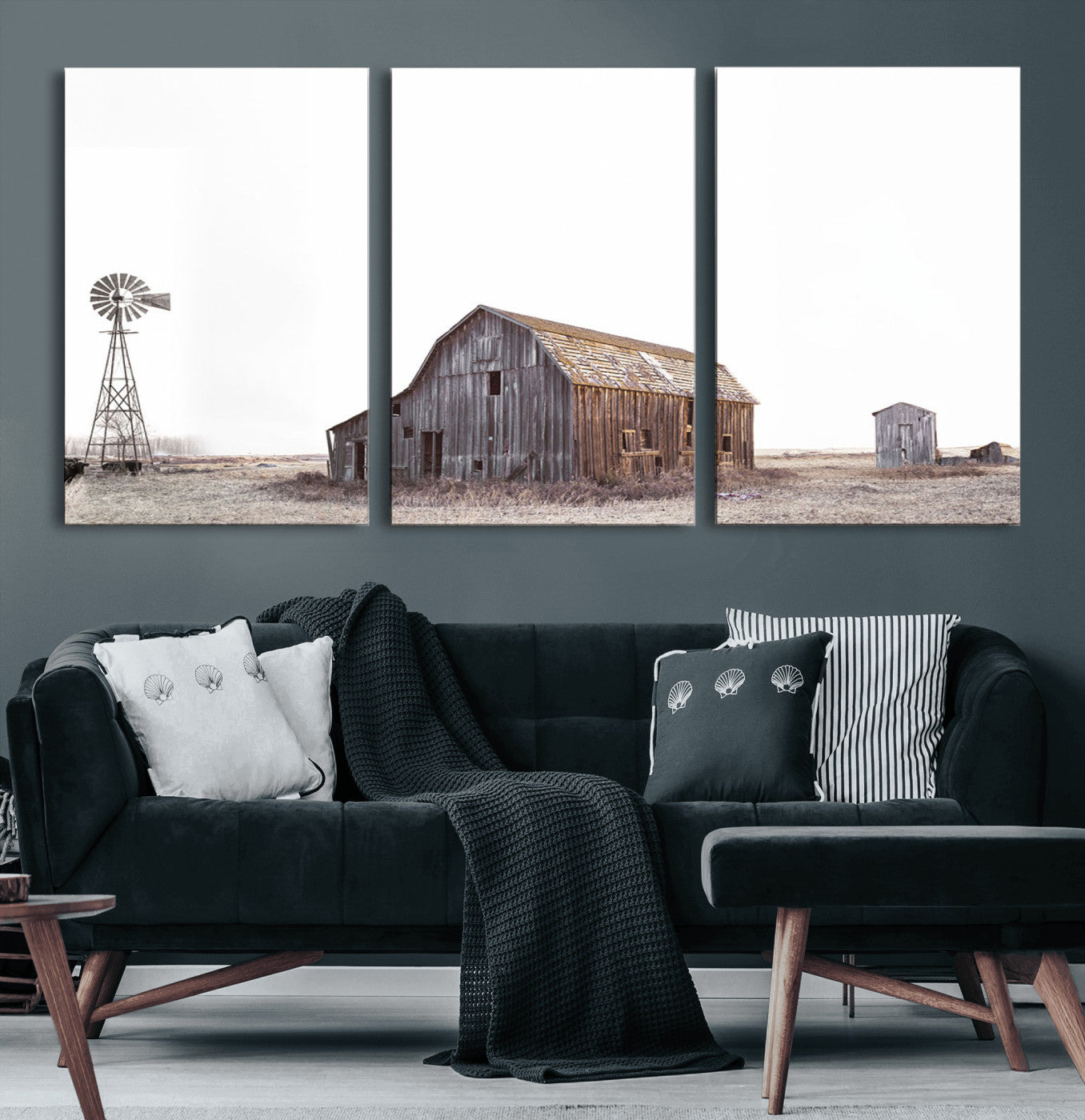 64560-MGV-CV-60X30-3P-Set of 3 Rustic Farmhouse Wall Art Prints – Country Barn, Wheat Field, and Farm Landscape for Cozy