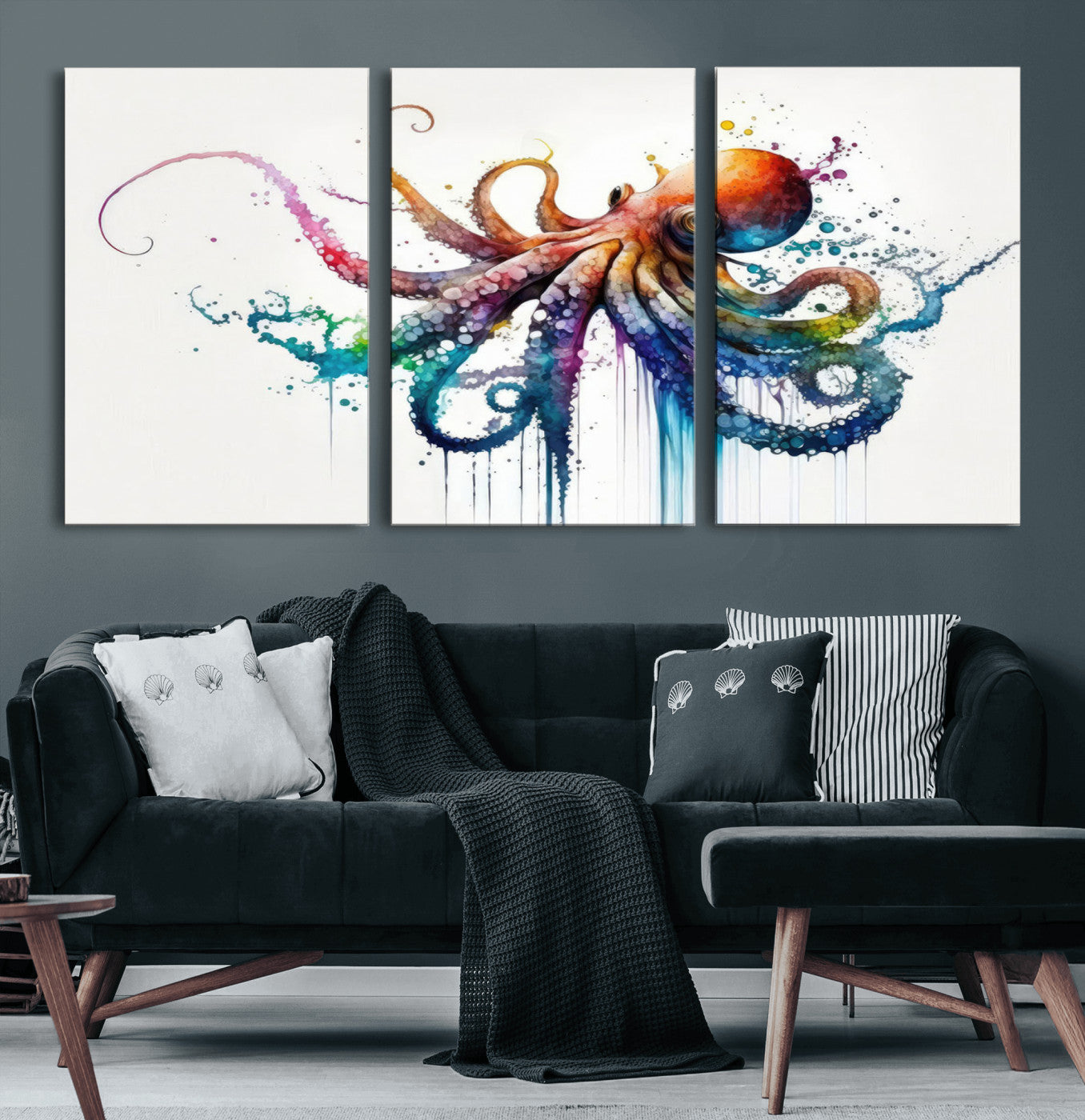 19374-MGV-CV-60X30-3P-Watercolor Vibrant Octopus Wall Art Canvas Print | Abstract Sea Life Art | Colorful Marine Creature
