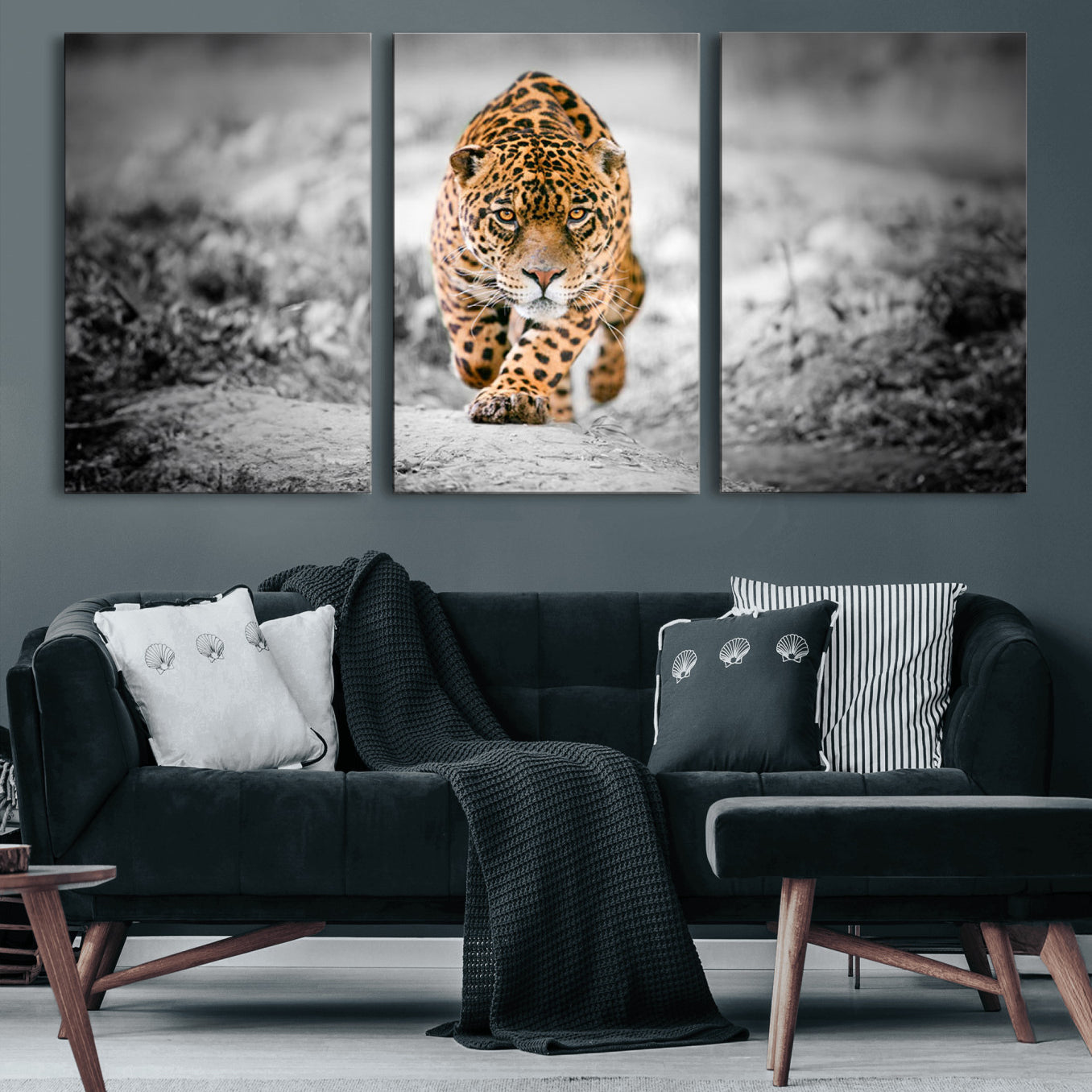 87577-MGV-CV-60X30-3P-Jaguar Wall Art Canvas Print - Majestic Big Cat in Focused Pursuit - Ready to Hang