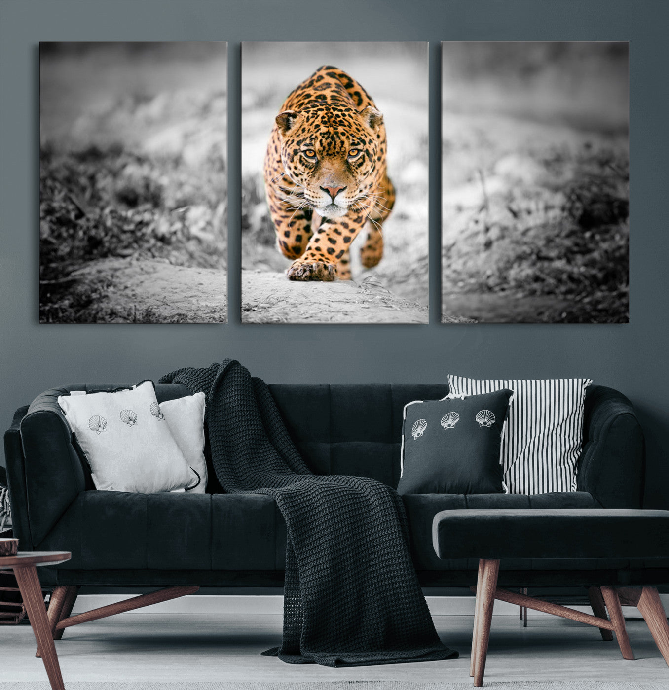 87577-MGV-CV-60X30-3P-Jaguar Wall Art Canvas Print - Majestic Big Cat in Focused Pursuit - Ready to Hang