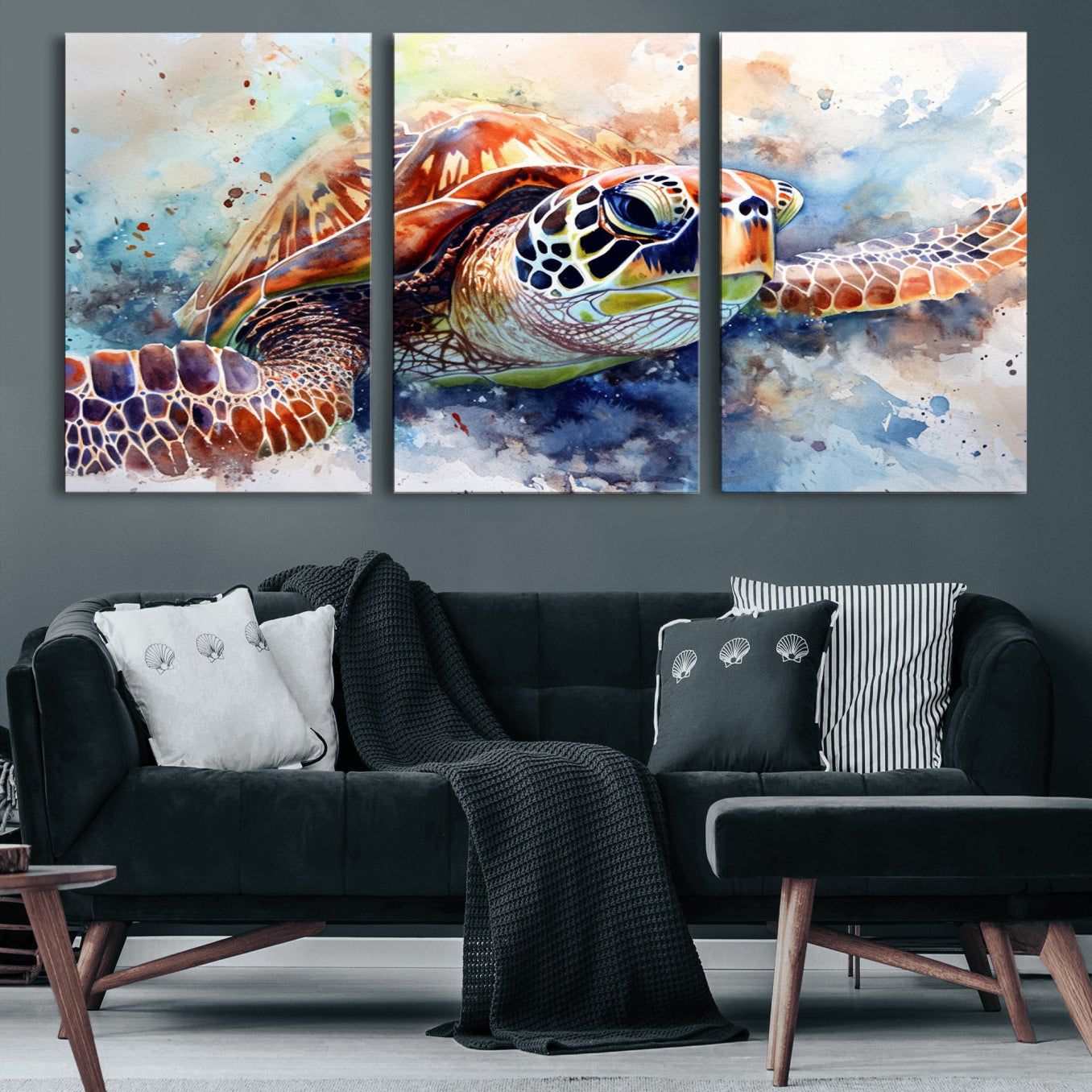 25935-MGV-CV-60X30-3P-Watercolor Sea Turtle Wall Art Canvas Print - Vibrant Ocean Colors in Watercolor Style - Ready to