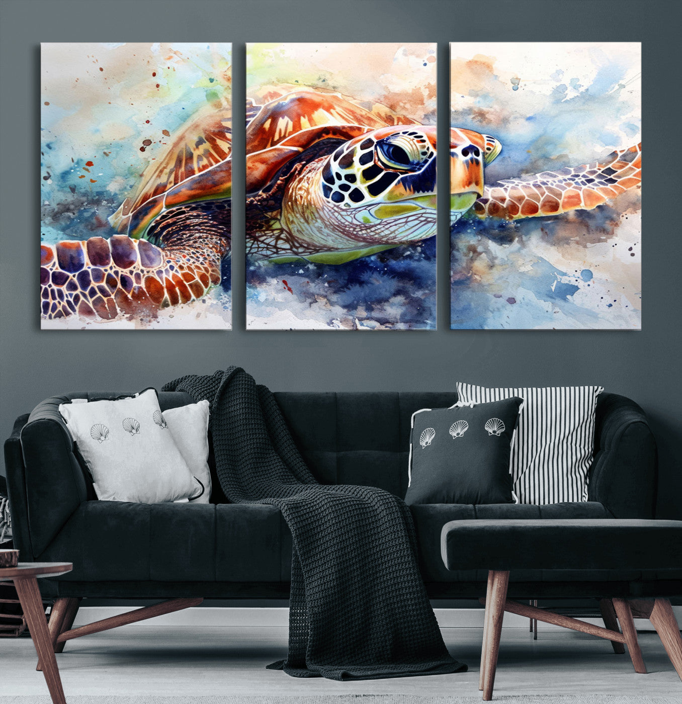 25935-MGV-CV-60X30-3P-Watercolor Sea Turtle Wall Art Canvas Print - Vibrant Ocean Colors in Watercolor Style - Ready to