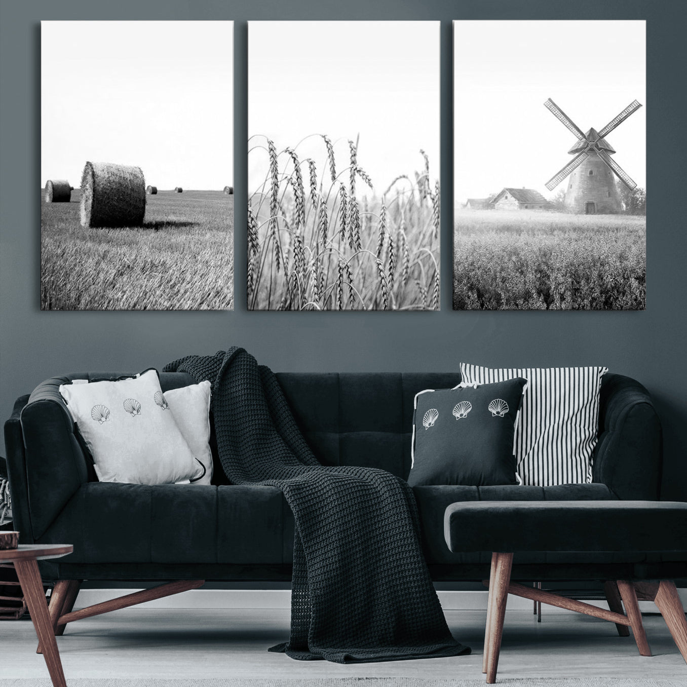 89390-MGV-CV-60X30-3P-Vintage Farmhouse Black and White Triptych Wall Art – Giclee Canvas Featuring Wheat Fields, Hay