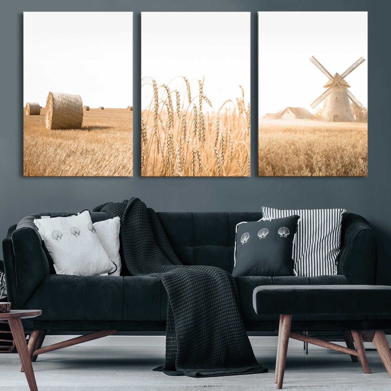 88780-MGV-CV-60X30-3P-Vintage Farmhouse Triptych Wall Art – Giclée Canvas Featuring Wheat Fields, Hay Bales, and a