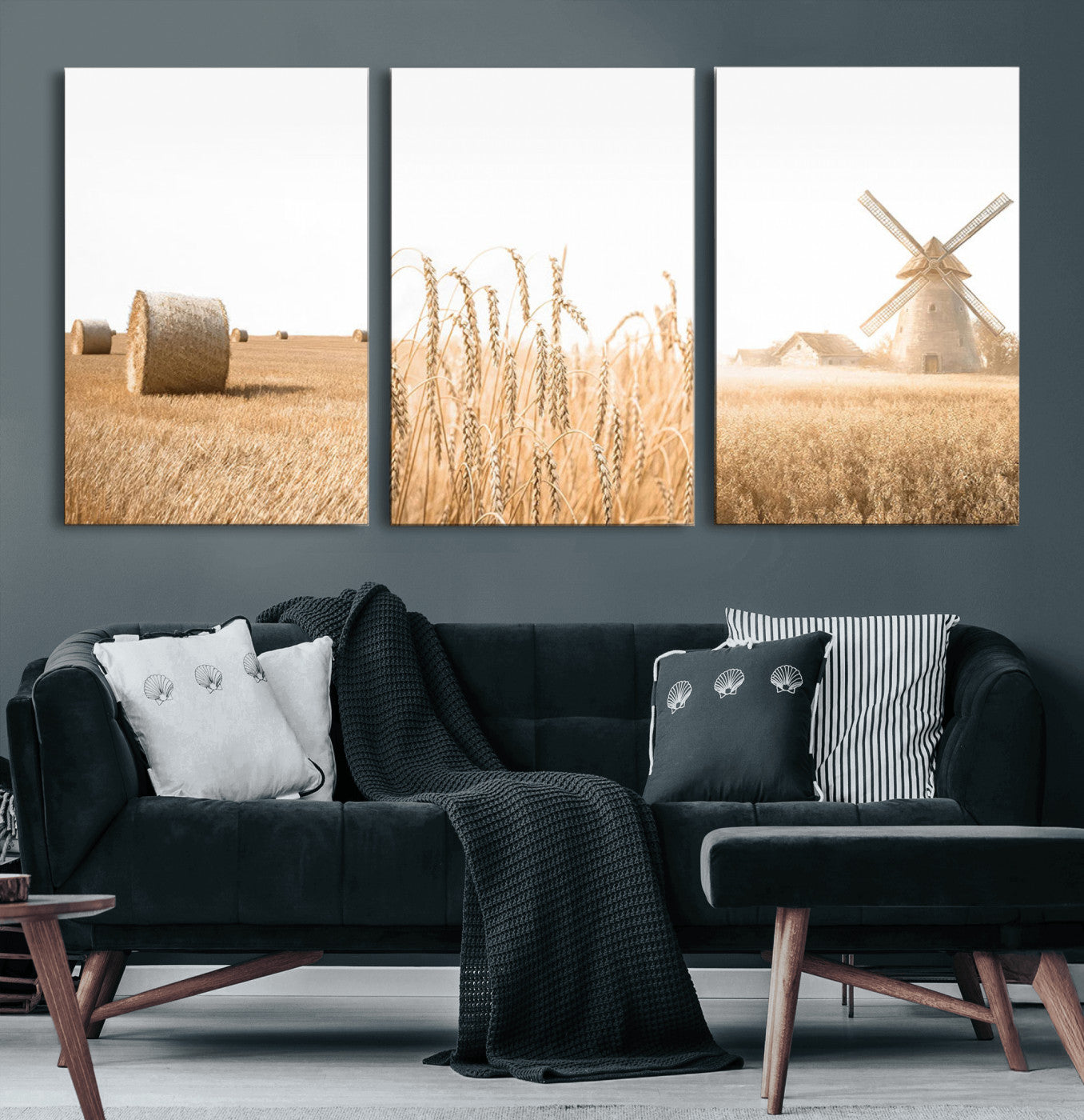 88780-MGV-CV-60X30-3P-Vintage Farmhouse Triptych Wall Art – Giclée Canvas Featuring Wheat Fields, Hay Bales, and a