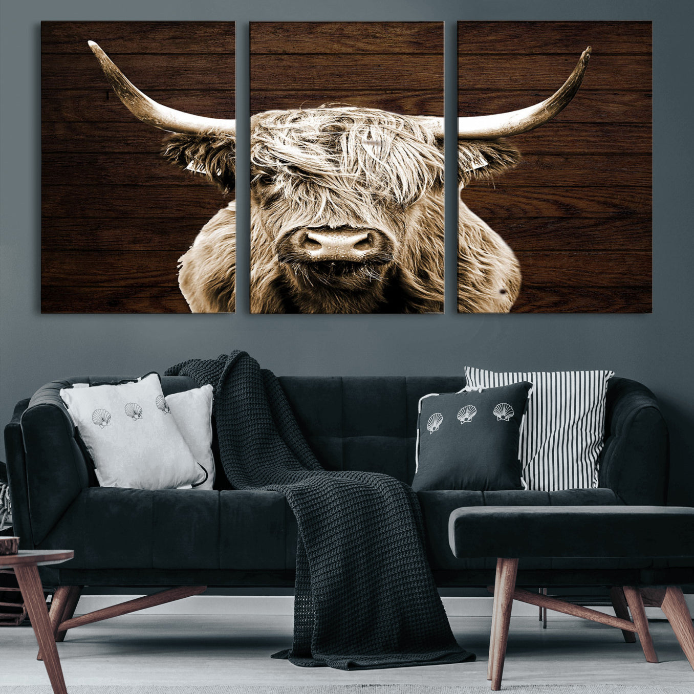 27892-MGV-CV-60X30-3P-Highland Cow Wall Art Canvas Print, Rustic Farmhouse Decor, Majestic Scottish Highland Bull Portrait