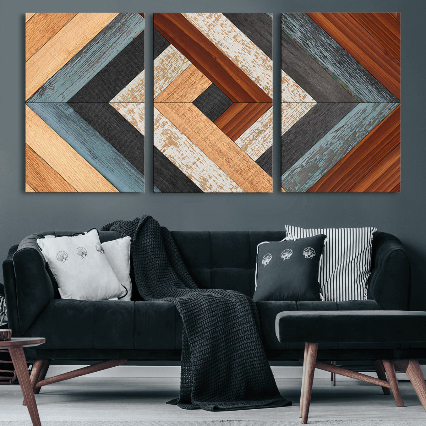 20897-MGV-CV-60X30-3P-Geometric Wood Art Wall Decor Canvas Print, Rustic Wooden Pattern Triptych Wall Art for Living Room
