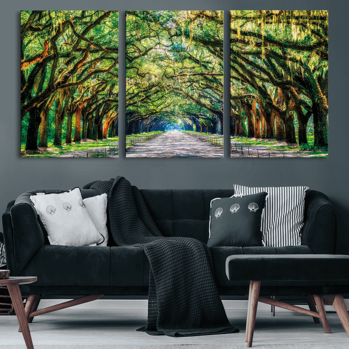 77105-MGV-CV-60X30-3P-Serene Tree Tunnel Wall Art Canvas Print – Pathway Under Canopy of Lush Green Trees, Nature-Inspired