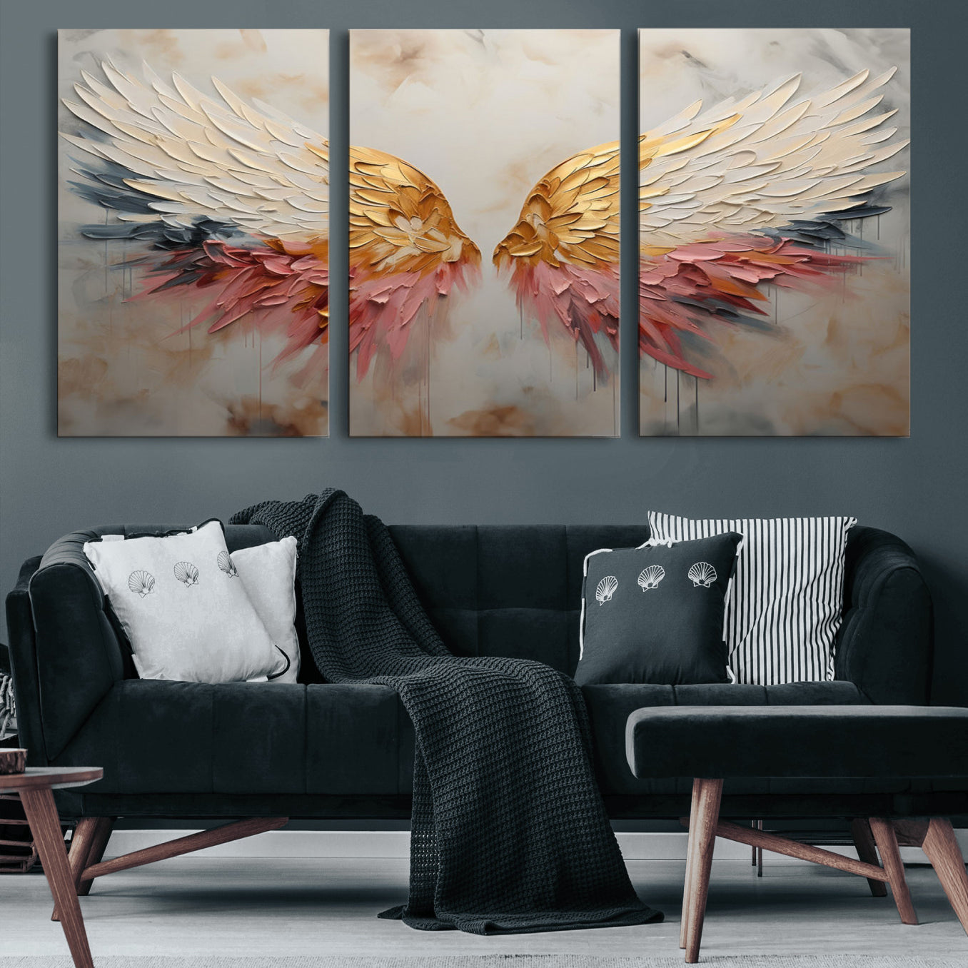 10697-MGV-CV-60X30-3P-Golden Angel Wings Wall Art Canvas Print – Stunning Abstract Winged Art for Elegant Home Decor –