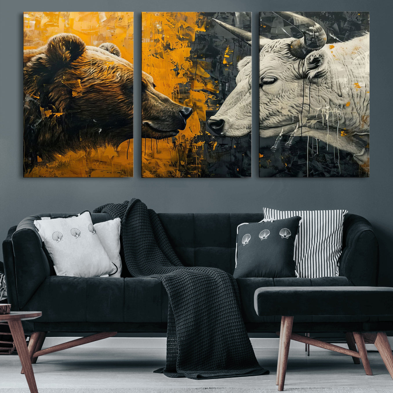 71185-MGV-CV-60X30-3P-Bear and Bull Wall Art Canvas Print – Abstract Animal Portrait Painting for Modern Home Decor –