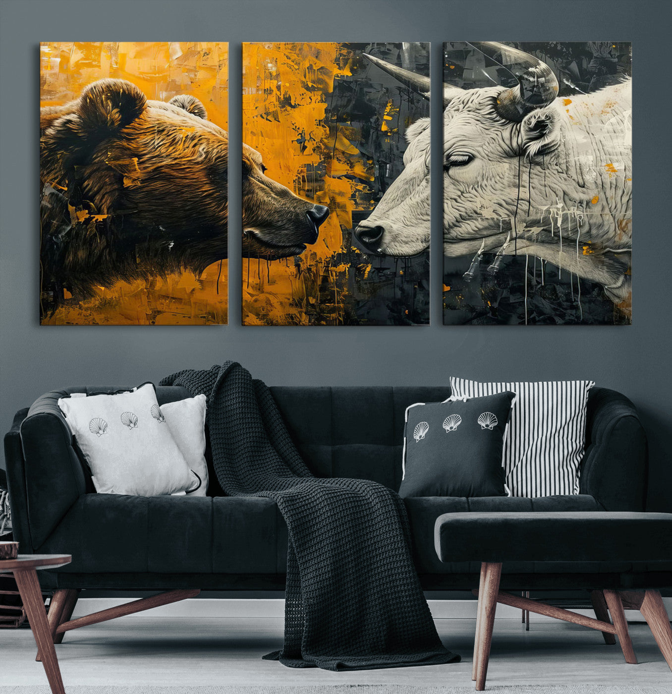 71185-MGV-CV-60X30-3P-Bear and Bull Wall Art Canvas Print – Abstract Animal Portrait Painting for Modern Home Decor –