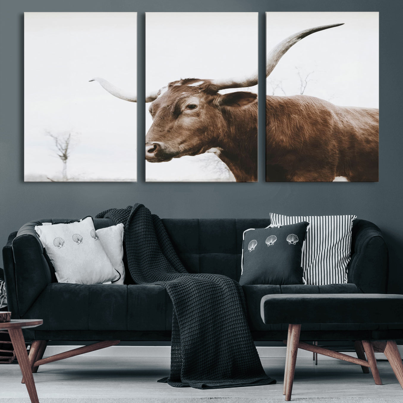 44548-MGV-CV-60X30-3P-Rustic Bull Wall Art Canvas Print – Modern Longhorn Farmhouse Animal Decor – Abstract Farm Cow