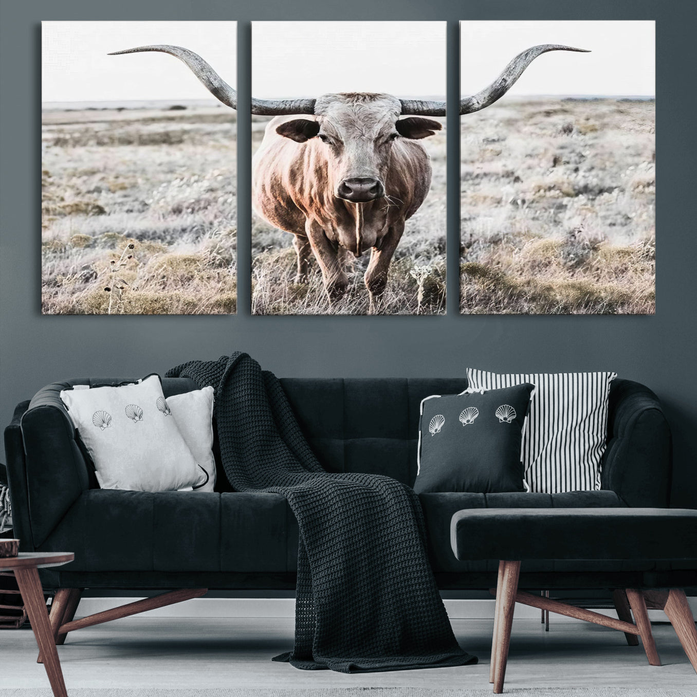 26121-MGV-CV-60X30-3P-Rustic Texas Longhorn Wall Art Canvas Print | Western Farmhouse Decor for Living Room or Office,