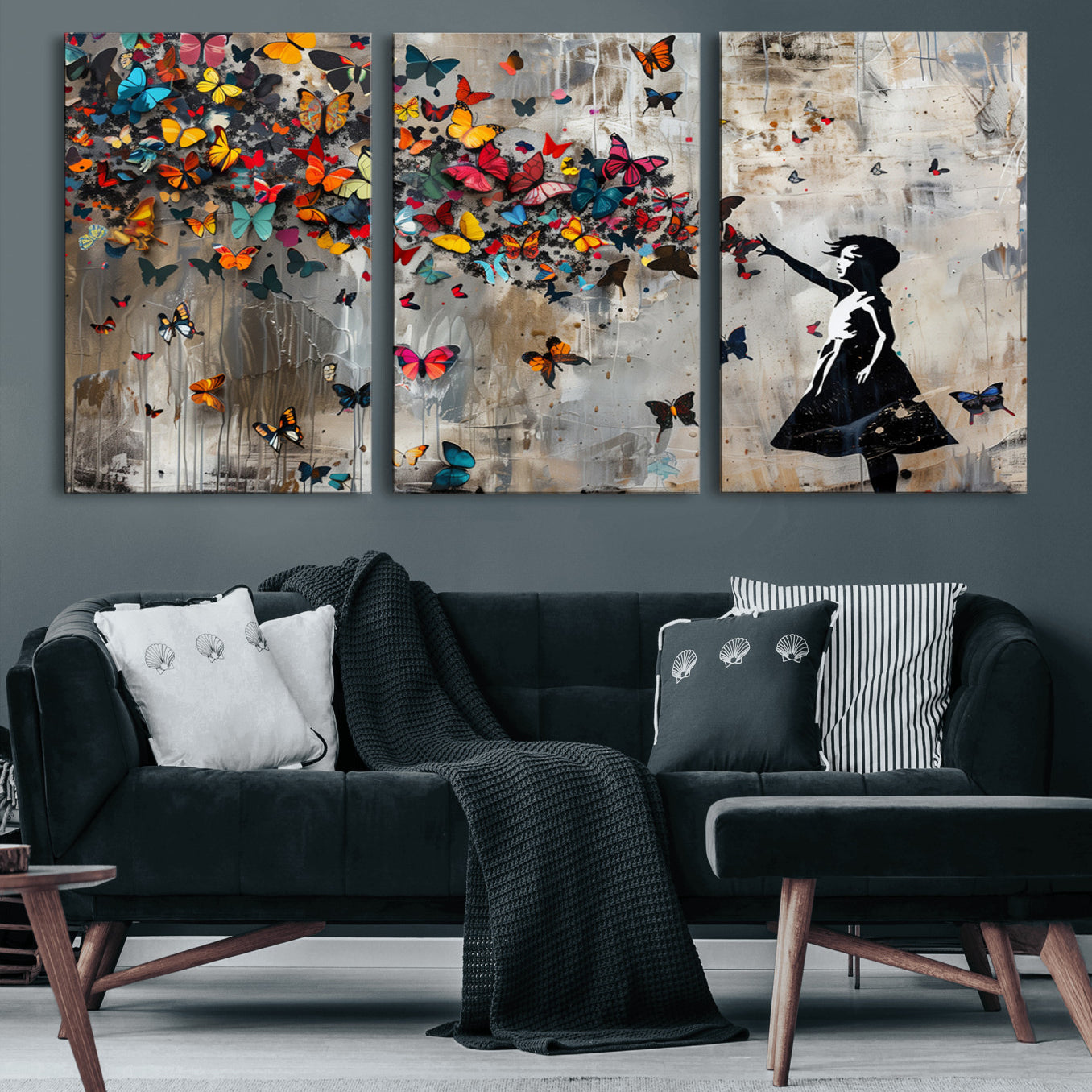 40269-MGV-CV-36X24 - Banksy Wall Art - Banksy Girl and Butterfly Explosion Wall Art Canvas Print | Girl with Butterflies