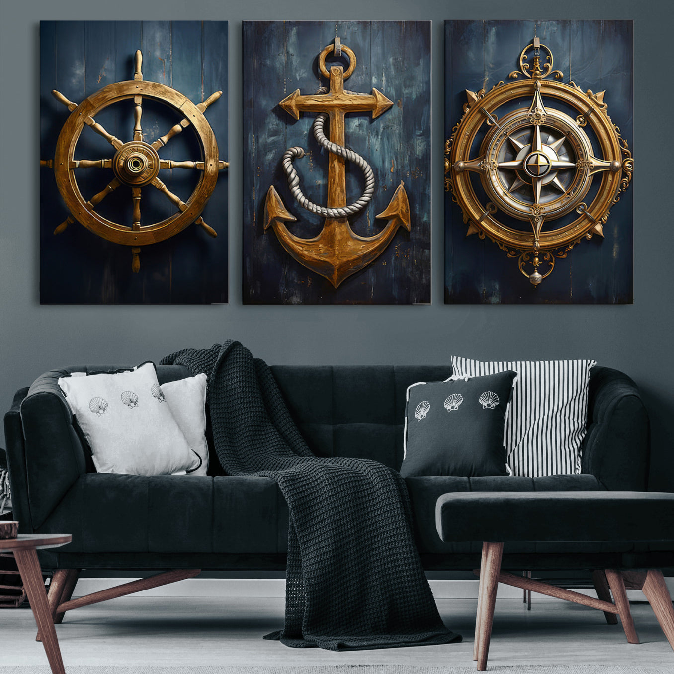 56214-MGV-CV-60X30-3P - Boat Anchor Compass With Rope Wall Art Canvas Print | Beach House Wall Art