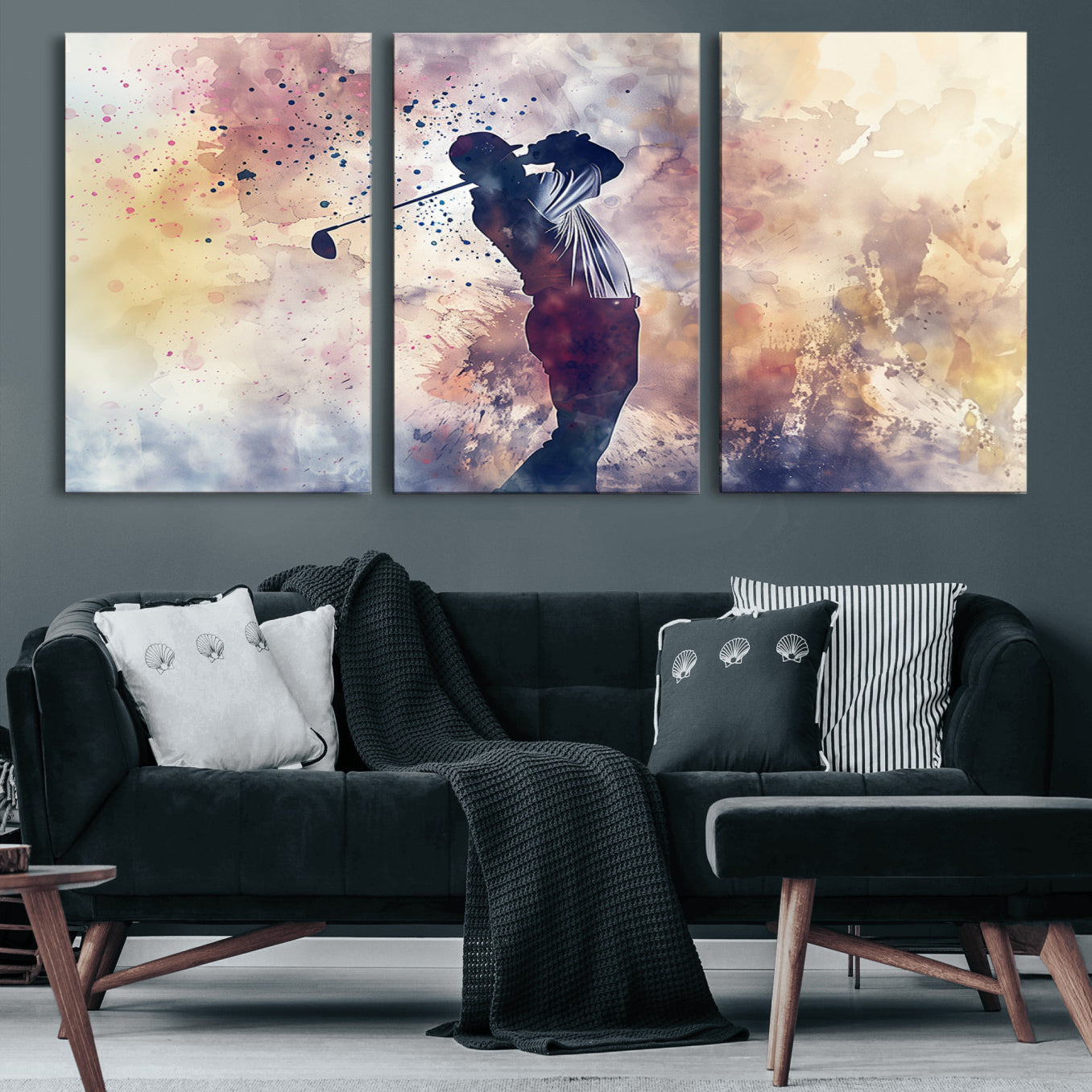 10848-MGV-CV-60X30-3P-Abstract Watercolor Golf Player Wall Art Canvas Print
