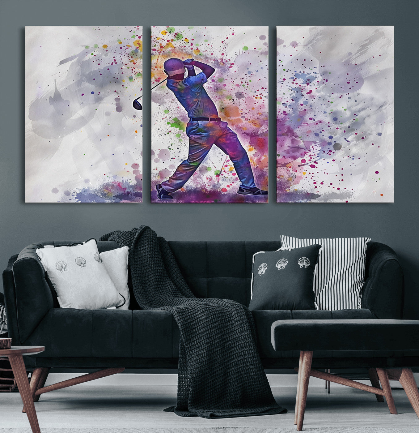60116-MGV-CV-60X30-3P-Watercolor Golf Swing Wall Art Canvas Print | Vibrant Abstract Golf Player Silhouette |