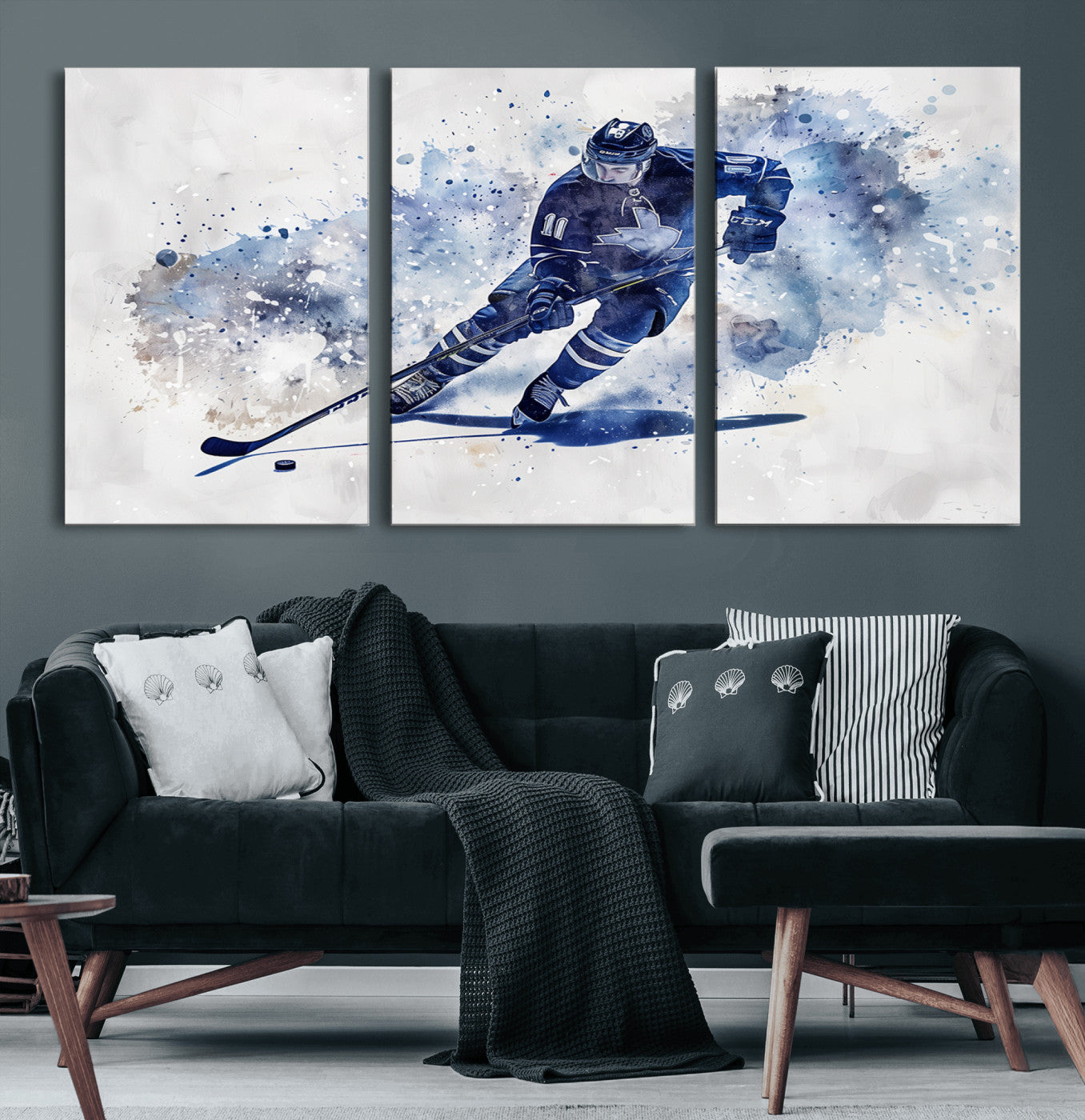 39795-MGV-CV-60X30-3P-Hockey Player Wall Art Canvas Print - Sports-Inspired Watercolor Decor - Ready to Hang