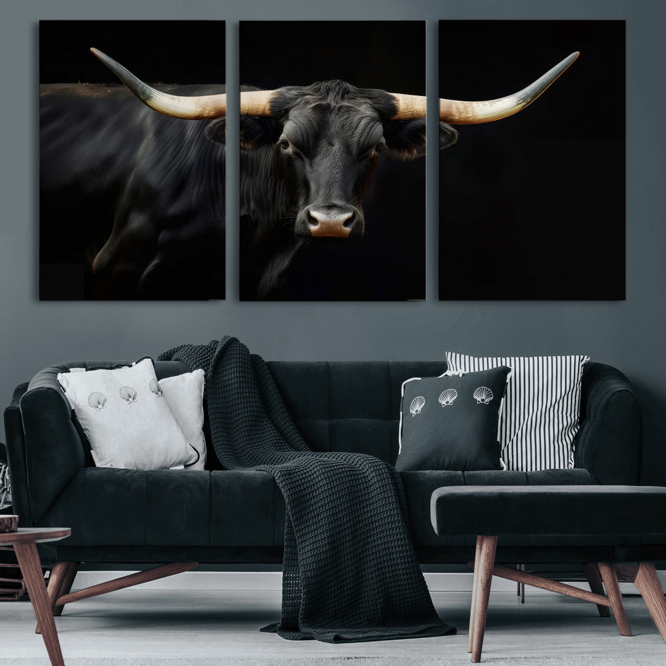 63798-MGV-CV-60X30-3P-Black Bull Wall Art – Majestic Longhorn Canvas Print with Dark Background, Rustic Western Farmhouse Decor for Living Room or Office