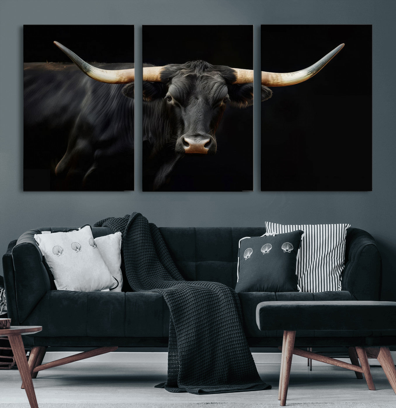 63798-MGV-CV-60X30-3P-Black Bull Wall Art – Majestic Longhorn Canvas Print with Dark Background, Rustic Western Farmhouse Decor for Living Room or Office