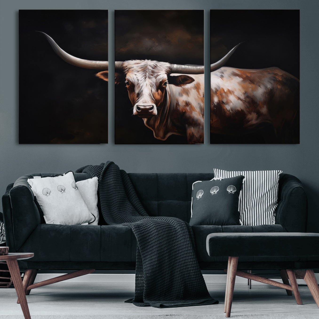 82543-MGV-CV-60X30-3P-Texas Longhorn Wall Art Canvas Print | Western Ranch Decor | Bold Rustic Cattle Artwork | Ready to