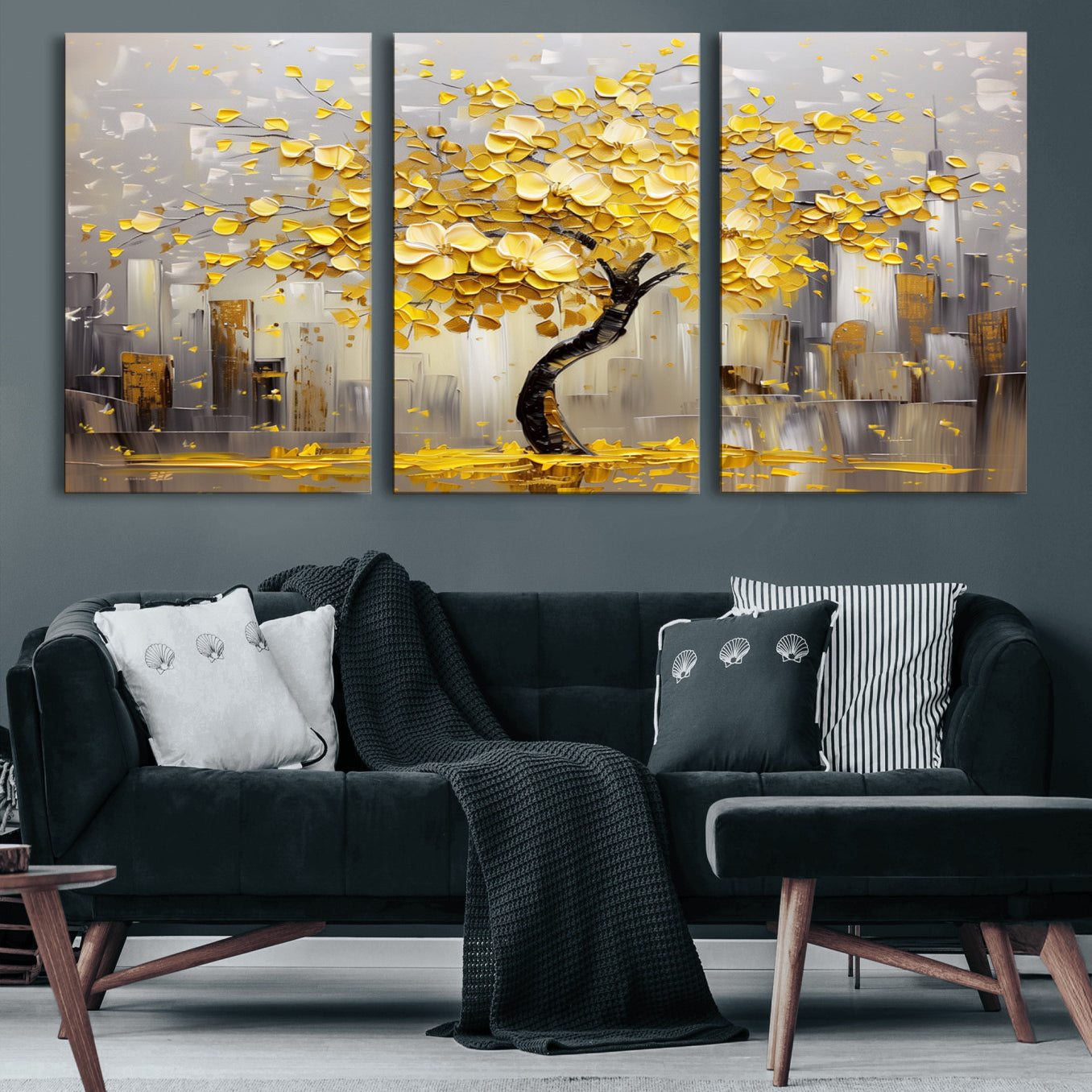 45538-MGV-CV-60X30-3P-Golden Tree Canvas Print | Abstract Wall Art for Modern Homes | Ready to Hang Framed Artwork
