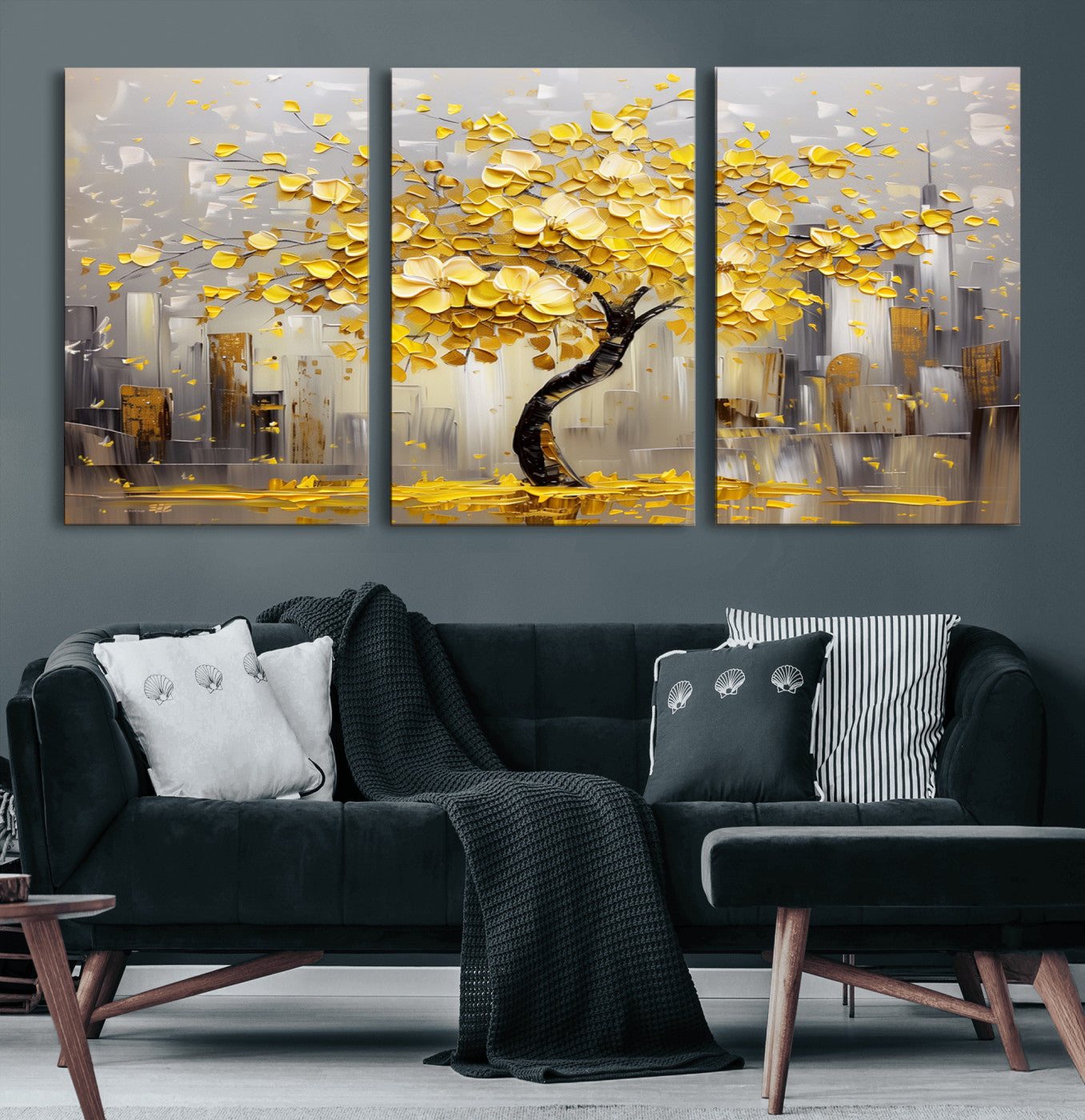 45538-MGV-CV-60X30-3P-Golden Tree Canvas Print | Abstract Wall Art for Modern Homes | Ready to Hang Framed Artwork