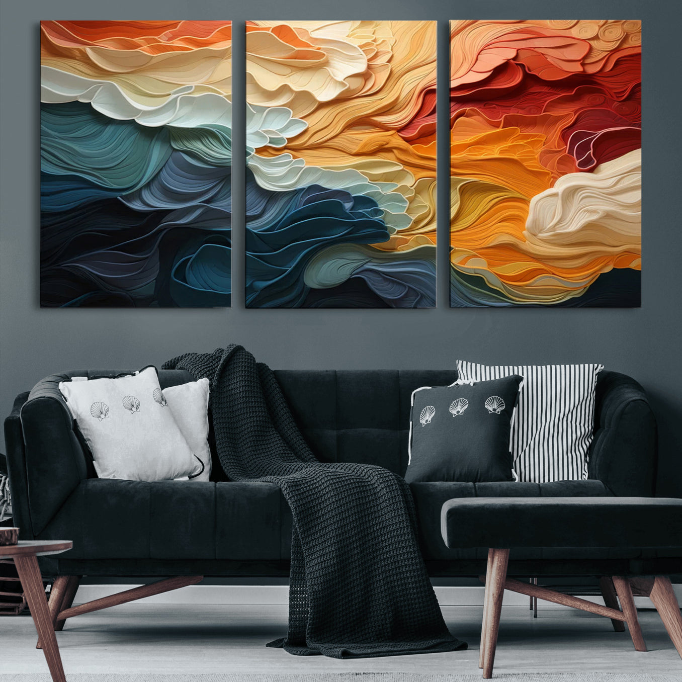 31634-MGV-CV-60X30-3P-Blue Orange Abstract Wave Wall Art Canvas Print, Framed Blue Orange Wave Wall Art