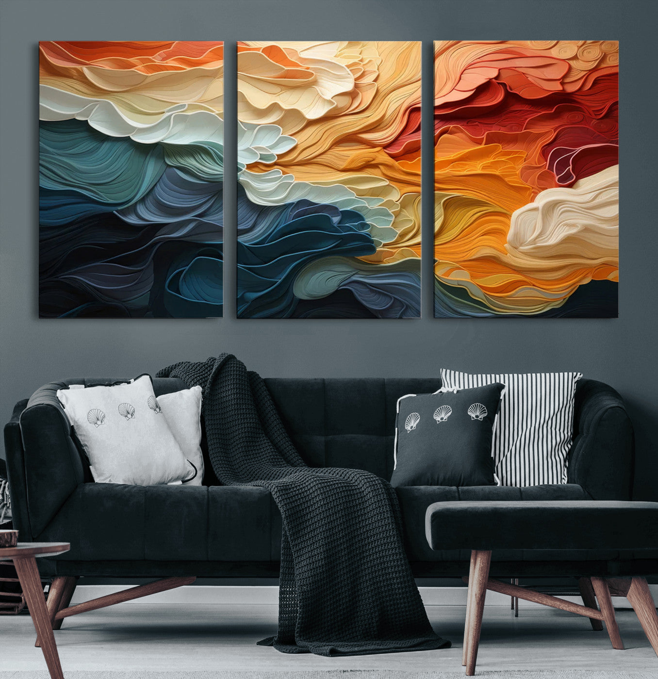 31634-MGV-CV-60X30-3P-Blue Orange Abstract Wave Wall Art Canvas Print, Framed Blue Orange Wave Wall Art