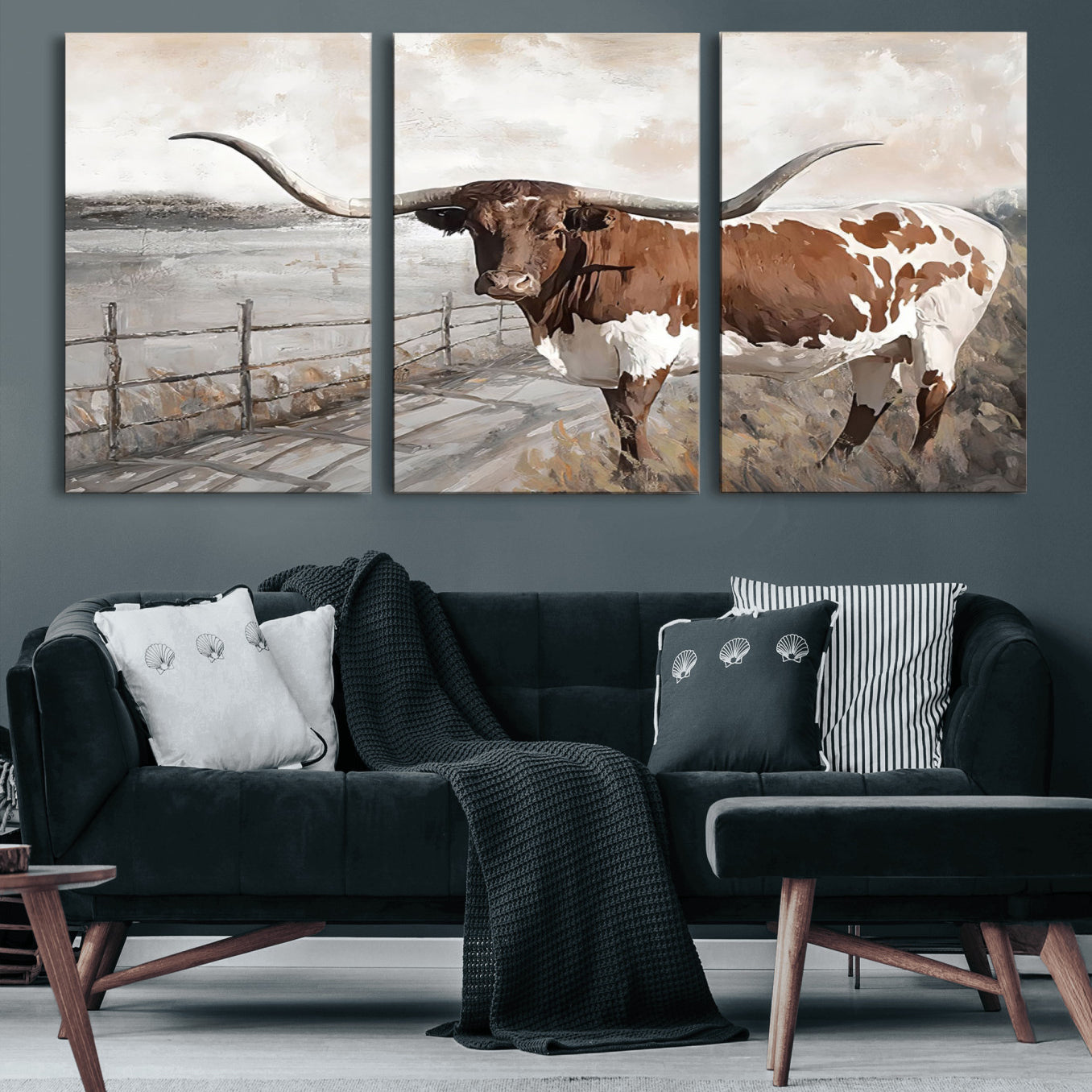 57340-MGV-CV-60X30-3P-Vintage Texas Cow Wall Art Canvas Print, Rustic Longhorn Wall Art | Canvas Print for Farmhouse Decor