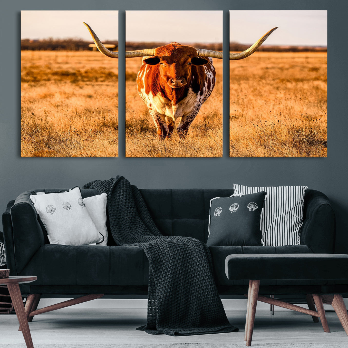 57874-MGV-CV-60X30-3P-Longhorn Cow Wall Art | Ready to Hang Framed Canvas Print for Farmhouse and Barn Decor