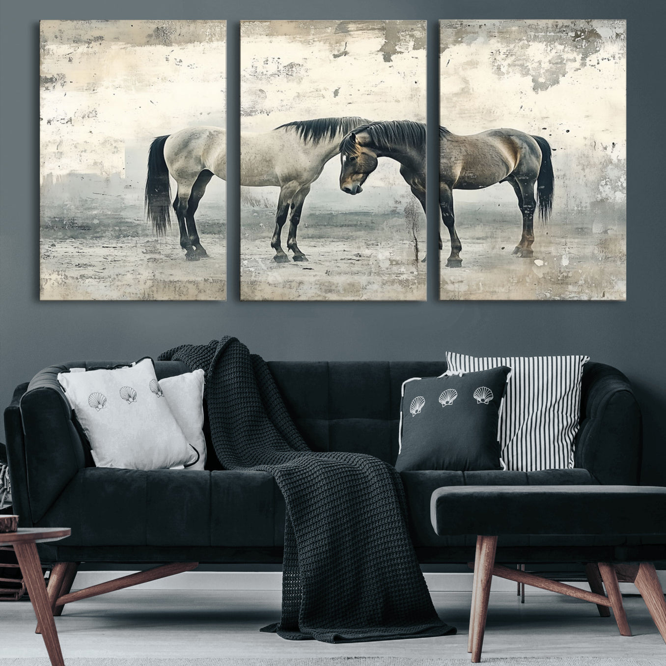 33288-MGV-CV-60X30-3P-Chines Style Majestic Horses Wall Art | Ready to Hang and Framed Triptych Print | Western Farmhouse
