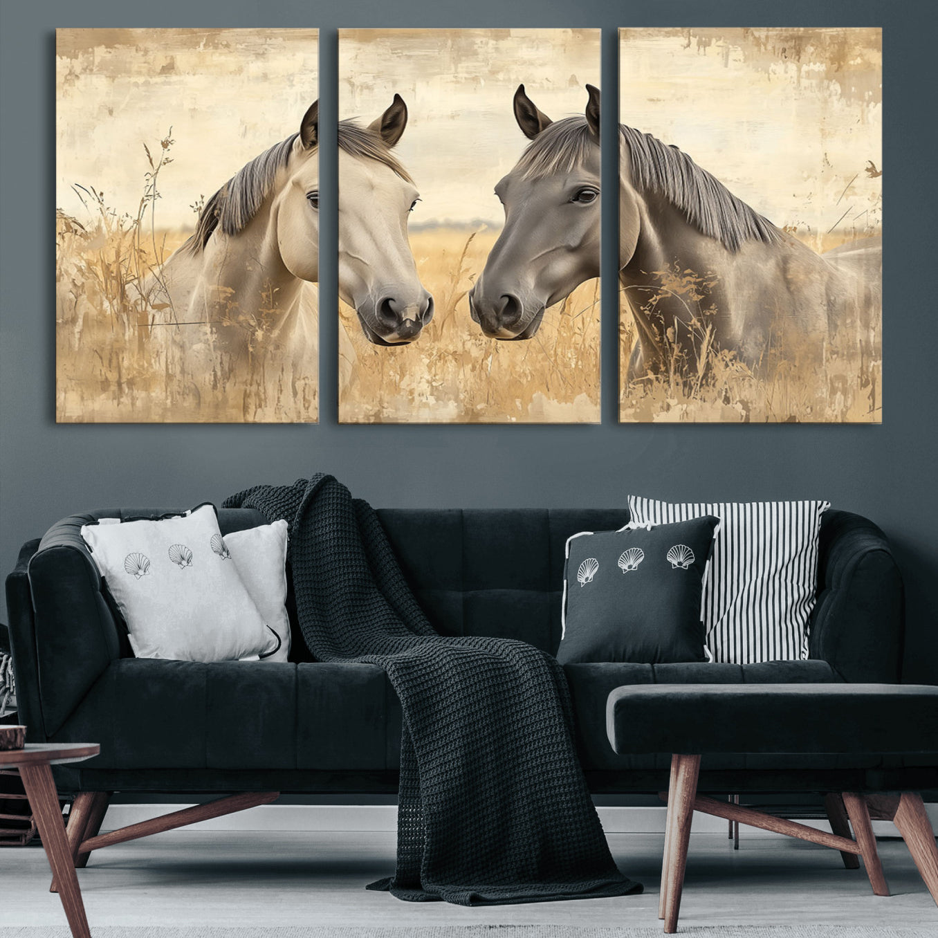 -Chines Ink Style Grunge Horses Wall Art Canvas Print
