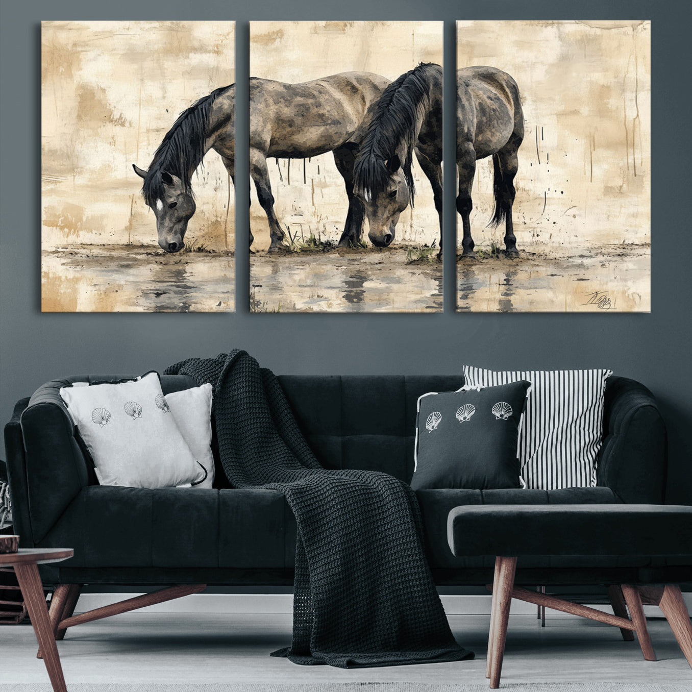 -Chinese Style Abstract Black Horses Wall Art Canvas Print - Abstract Horse Wall Art Canvas Print